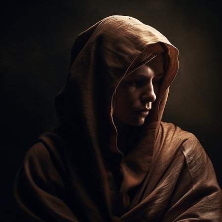Portrait of a beautiful young woman in a hood on a dark backgroundの素材