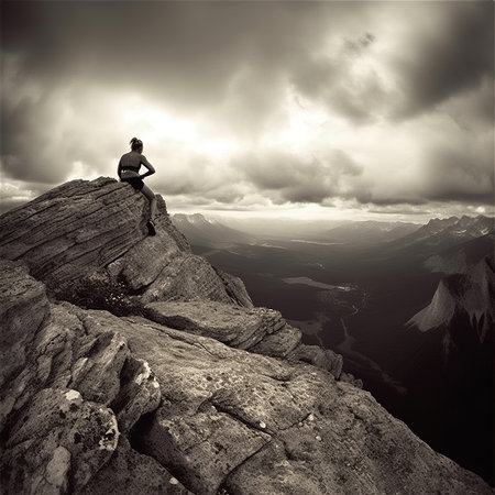 Man sitting on the top of the mountain. Black and white imageの素材