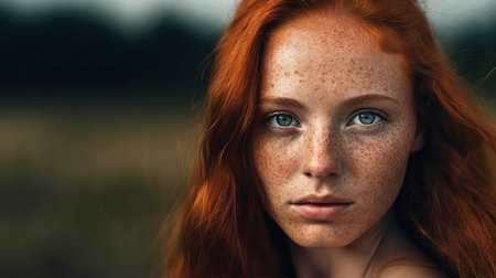 Portrait of a beautiful redhead girl with freckles on her faceの素材