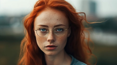 Portrait of a red-haired girl with freckles and glassesの素材