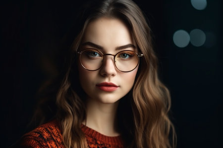 Portrait of a beautiful girl in glasses on a dark background.の素材