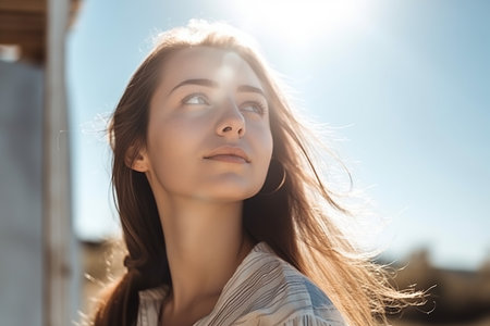 Close up portrait of a beautiful young woman with long brown hair.の素材
