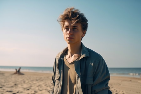 Portrait of a handsome young man on the beach in the autumnの素材
