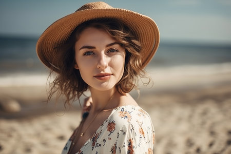 Portrait of beautiful young woman in hat on beach, summer vacationの素材