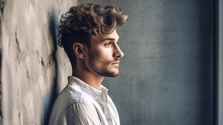 Handsome young man in white shirt leaning against wall and looking awayの素材