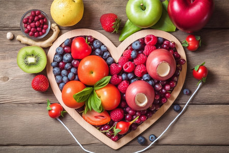 Heart shape made of fresh fruits and berries on wooden background. Healthy food concept.の素材