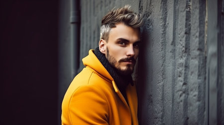 Portrait of a handsome young man in a yellow hoodie. Men's beauty, fashion.の素材