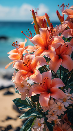 Bouquet of pink lilies on the background of the seaの素材