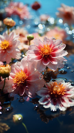 Pink dahlia with water drops on the surface of the waterの素材