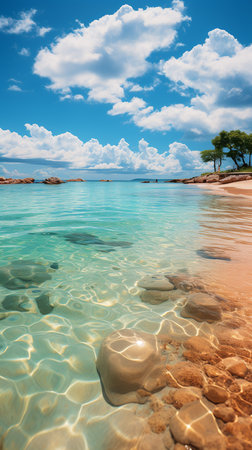 Beautiful seascape with palm treeson on a tropical beachの素材