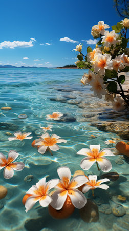 Plumeria flowers floating on the water on the beachの素材