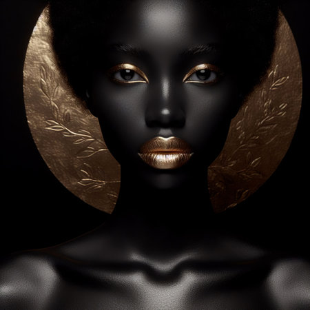 Beautiful black woman with golden make-up and black skin.の素材
