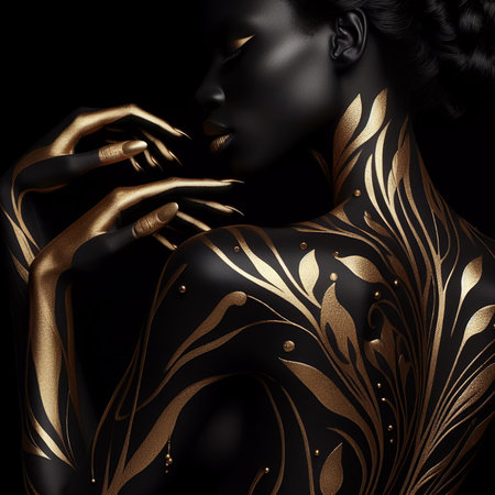 Beautiful black woman with gold body art.の素材