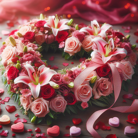 Wedding bouquet of roses and lilies on a wooden backgroundの素材