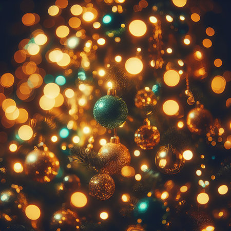 Christmas background with bokeh lights and christmas tree. Toned.の素材