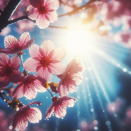 Ð¡herry blossom sakura flower on blue sky background with sunlightの素材