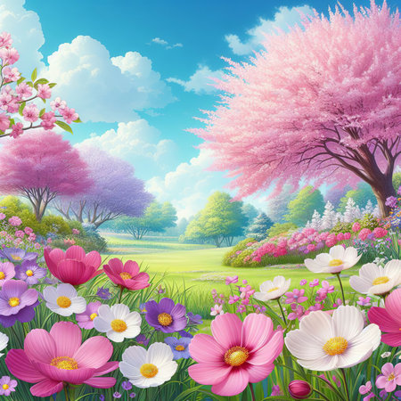 Spring landscape with flowers and blooming tree.の素材