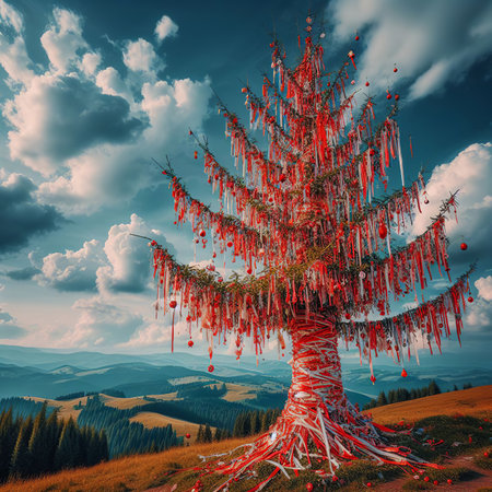 Martisor, spring symbol, Christmas tree in the Carpathian mountains.の素材