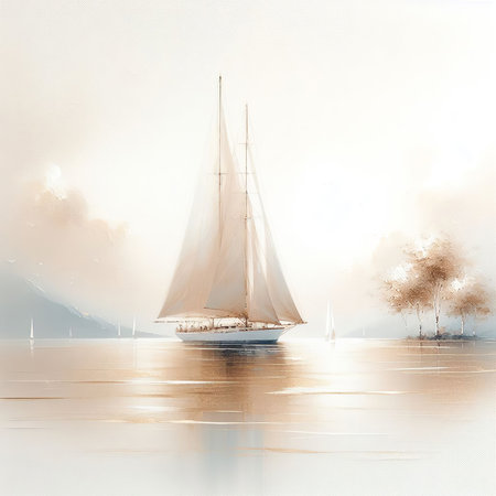 Sailing yacht on the lake in the evening. Watercolor painting. Print artの素材