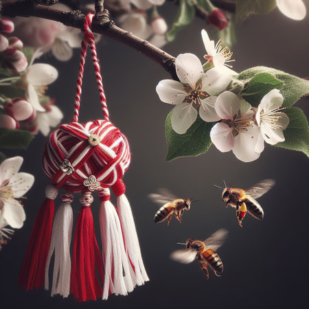 Honey bee and cherry blossoms on a tree branch. Martisor Spring backgroundの素材