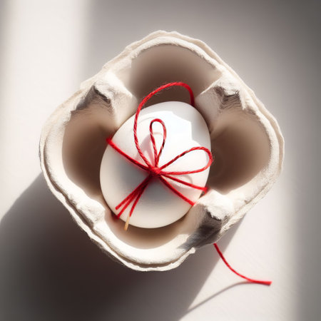 Easter egg with red ribbon on a white background, top view. Martisor, springの素材