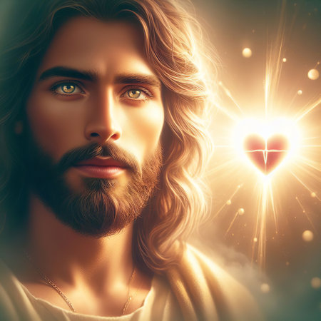 Portrait of Jesus Christ with red heart, religion and love conceptの素材