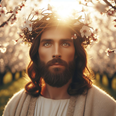 Portrait of Jesus Christ in crown of flowers in spring garden.の素材