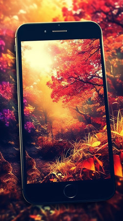 Smart phone with autumn landscape on screen. Nature background. Beautiful nature wallpaperの素材