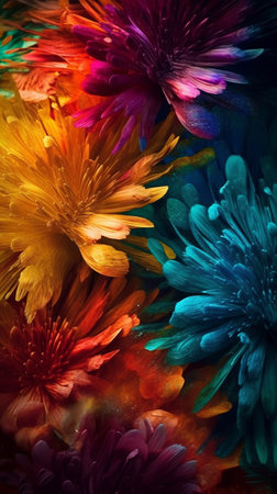Colorful chrysanthemums on a dark background close-up. Beautiful flowers wallpaper.の素材