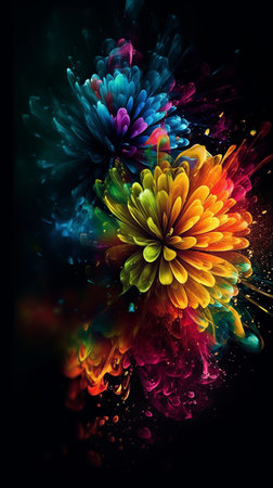 Colorful flowers explosion on black background. Beautiful flowers wallpaper.の素材