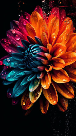 Close up of beautiful colorful Dahlia flower with water drops on black background. Beautiful flowers wallpaper.の素材