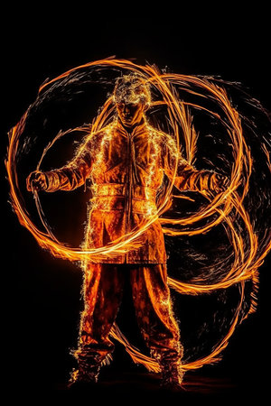 Flaming fire show at night on black background. Man in fire show suit.の素材