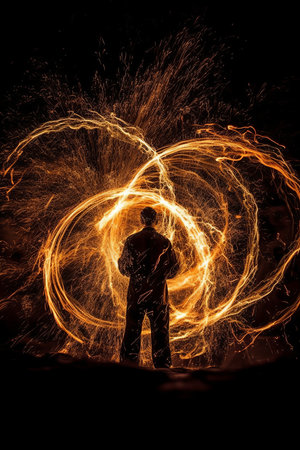 Silhouette of man in fire show with sparks on black backgroundの素材