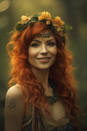 Beautiful redhead fairy girl with wreath of flowers on her headの素材
