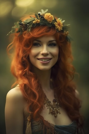 Beautiful redhead fairy girl with wreath of flowers on her headの素材