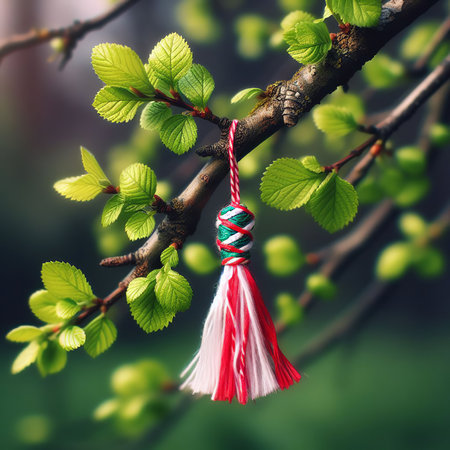 Branch with green leaves and red ribbon on blurred background, spring conceptの素材