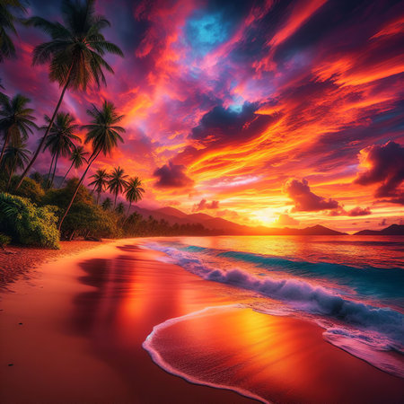 Beautiful sunset on the tropical beach. Colorful sky and sea. Beautiful nature background.の素材