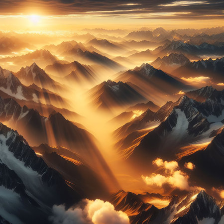 Mountain landscape. Sunrise over the mountains. Beautiful nature background.の素材