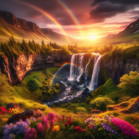 Rainbow over the waterfall. Fantastic fantasy landscape. Beautiful nature background.の素材