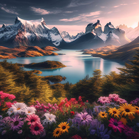 Fantasy landscape with beautiful flowers and mountains in the background. Beautiful nature background.の素材