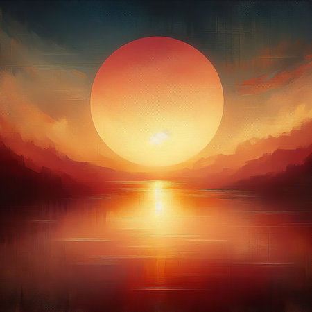 Sunset over the mountain lake. Digital painting. Beautiful nature background.の素材