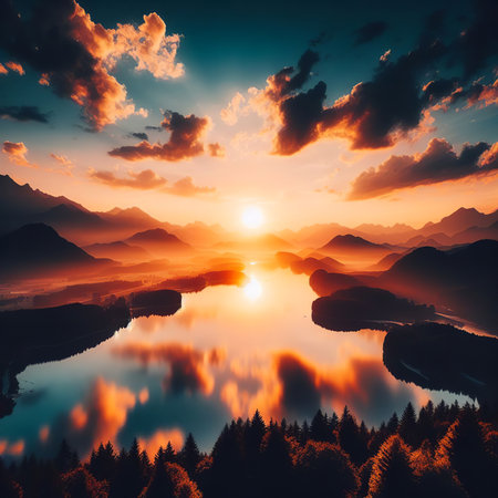 Sunset over the lake. Nature composition. Beautiful nature background.の素材