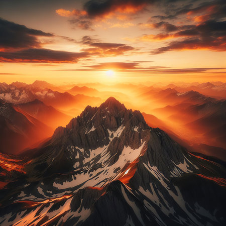 Mountain landscape. Sunset over the mountain peaks. Beautiful nature background.の素材