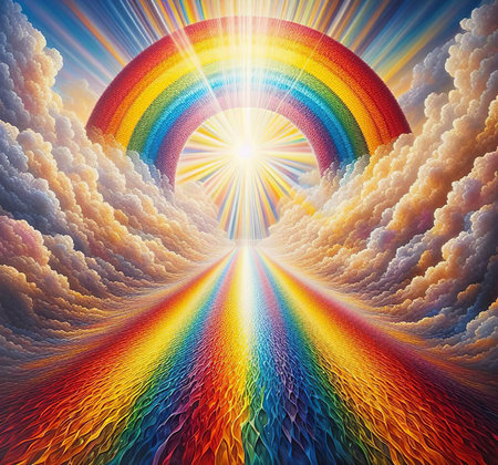 Rainbow in the sky with clouds and sun. Psychedelic revelationsの素材