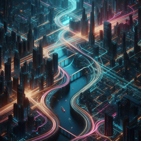 Futuristic city with high skyscrapers and glowing lightsの素材