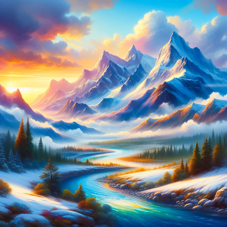 Fantasy landscape with mountain river and forest at sunset. Beautiful nature background.の素材