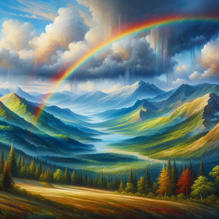 Rainbow in the mountains. Nature landscape. Artistic painting.の素材