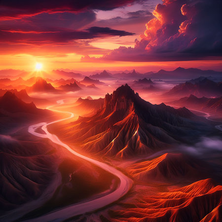 Fantasy alien planet. Mountain and road. Beautiful nature background.の素材