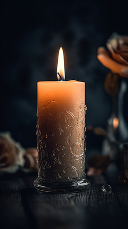 Burning candle with rose petals on a dark background. Selective focus. Candle wallpaper.の素材