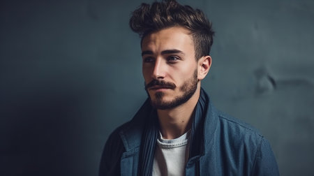 Portrait of a handsome young man in a blue jacket. Men's beauty, fashion.の素材